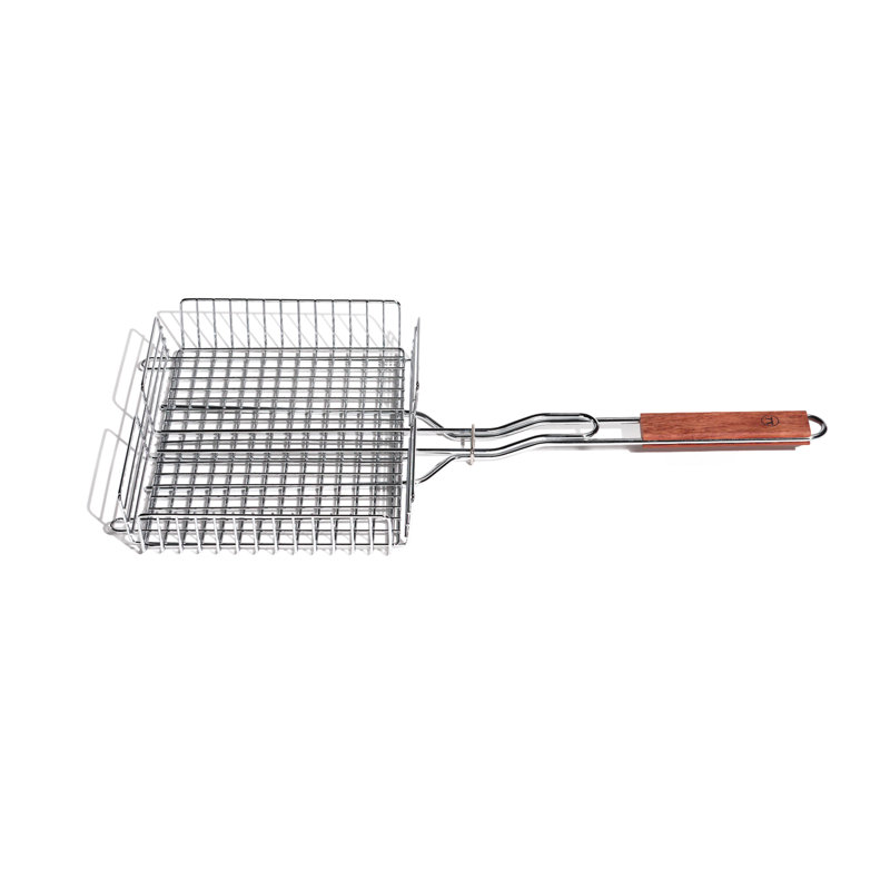 Rectangular Silver Chromed Steel Grill Basket with Rosewood Handle