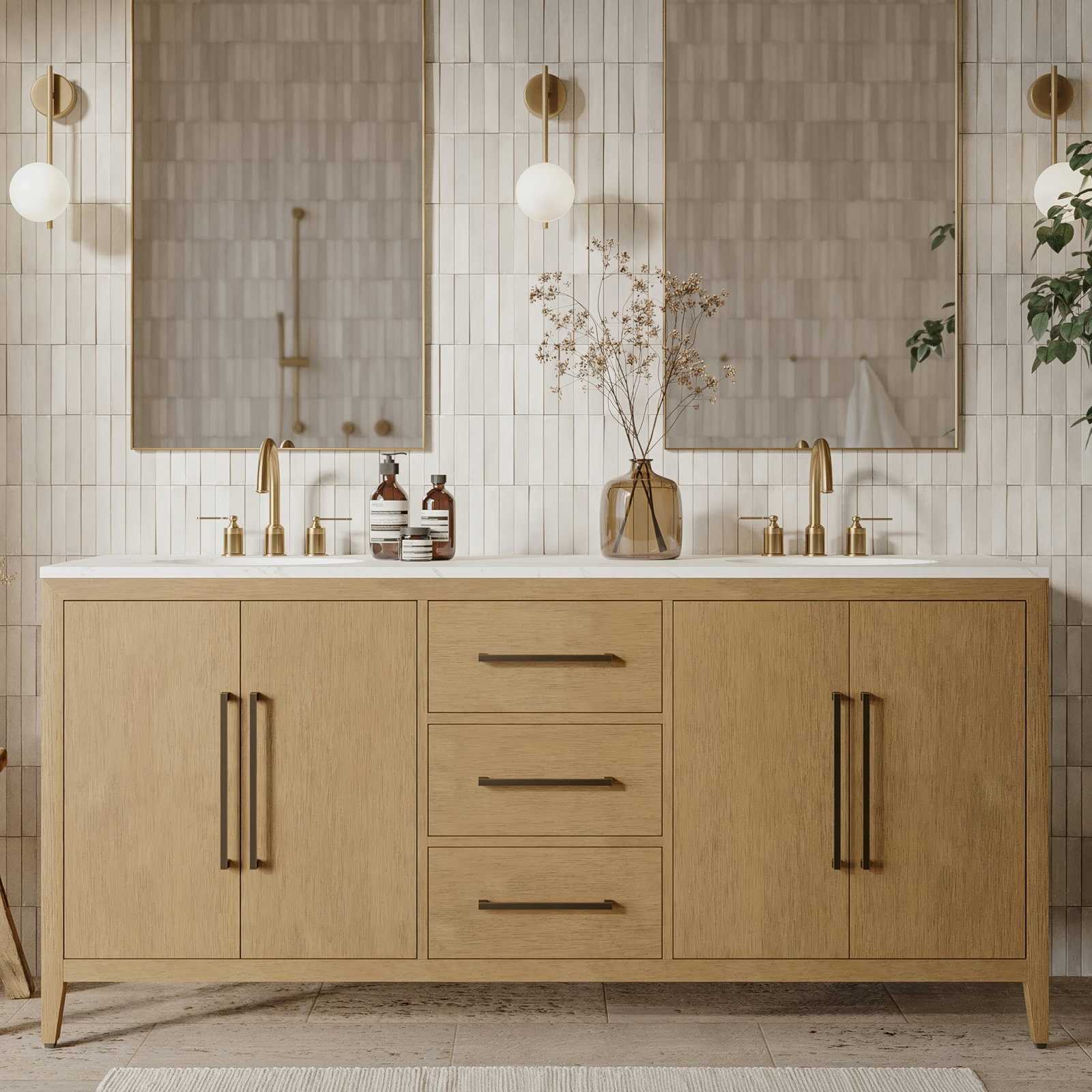 Alsup 72'' Double Bathroom Vanity with Quartz Top, Wire Brushed Oak