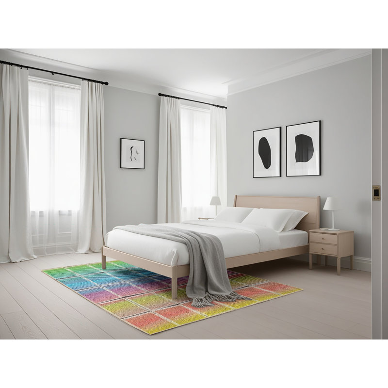 Tapis orange/bleu/zone jaune à motifs, Rectangle 5 pi x 7 pi
