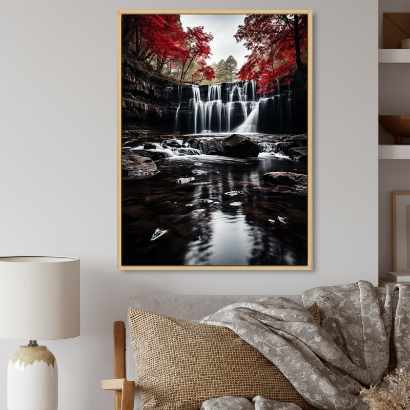 Chute grise et rouge de l'éternité I sur toile, 32" H x 16" W, Cadre naturel flottant