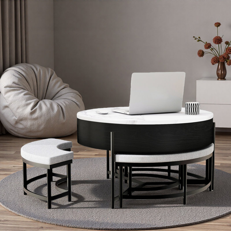 Table basse moderne à plateau relevable avec espace de rangement et 3 repose-pieds, Noir