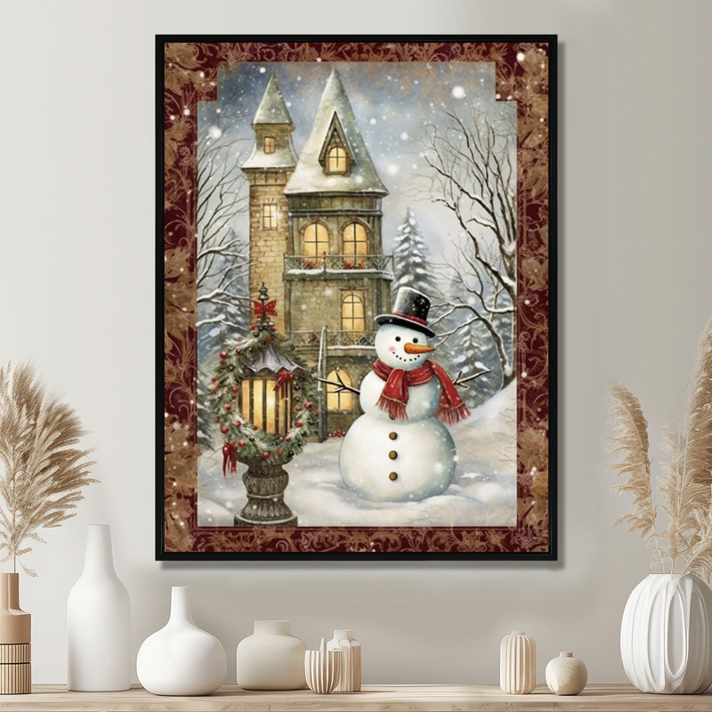 Christmas Snowman In Snowy Winter Rustic Landscape - Christmas Wall Art Living Room, Toile avec cadre flottant noir