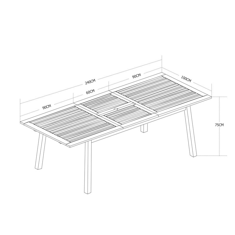 Dancy Rectangular Eucalyptus Extendable Outdoor Dining Table With Umbrella Hole , cm W 100cm cm D, 75cm H x 240cm L x 100cm W