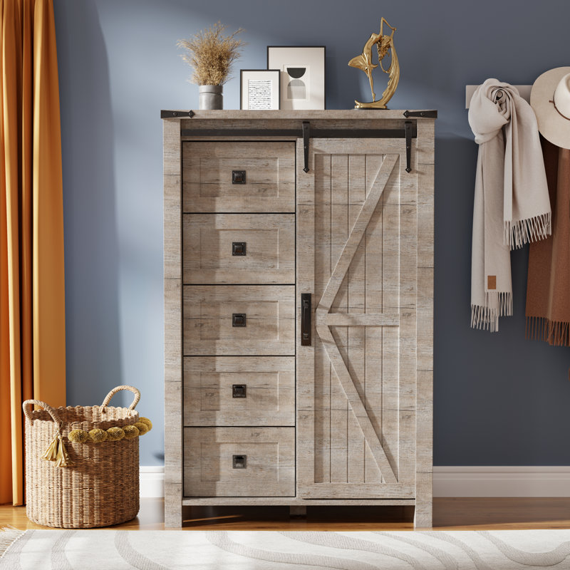 Farmhouse 5 Drawers Dresser Wood Rustic with Sliding Barn Door & Shelf, Light-Color