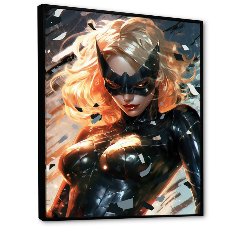 Portrait de femme super-héros sur toile, Cadre flottant noir, H 20 po x l 12 po x P 1 po