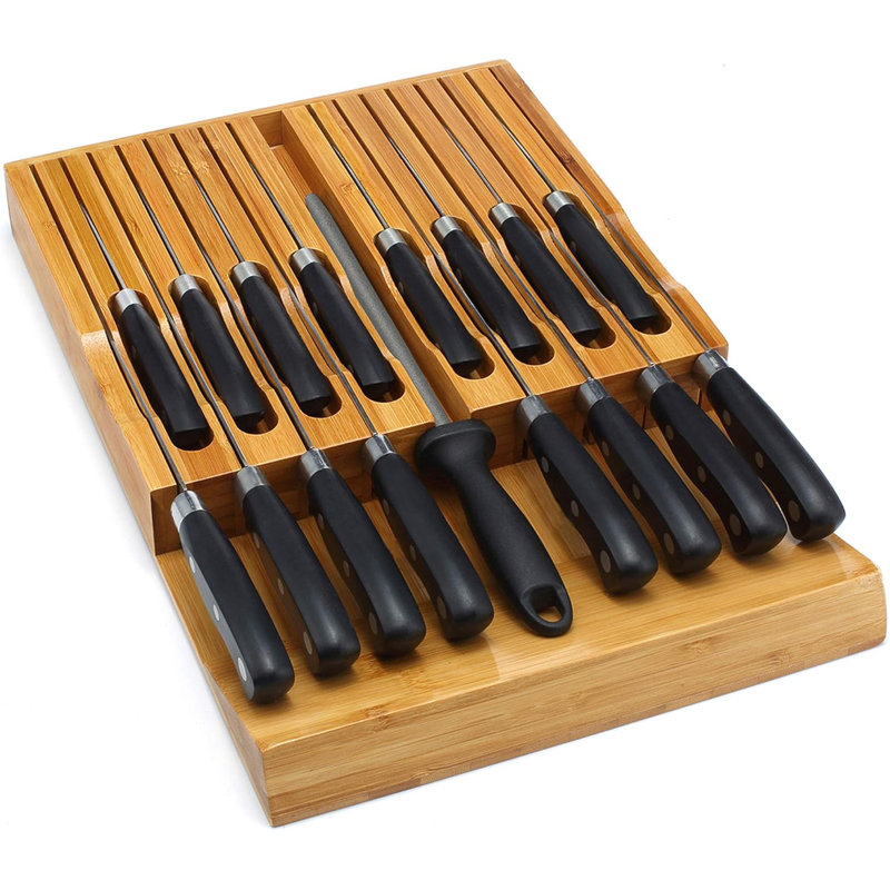 In-Drawer Knife Block,Bamboo Knife Drawer Organizer Insert