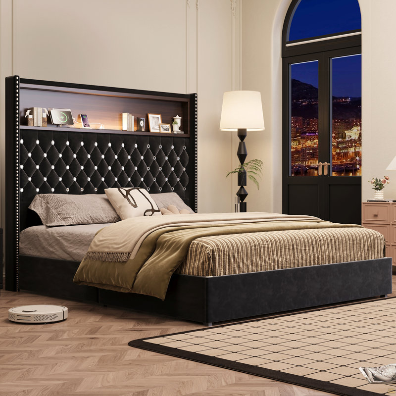 Structure de lit moelleuse en velours pour grand lit avec port USB et veilleuse, tête de lit de 52 po de hauteur, Grand lit