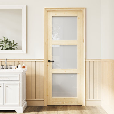 Panneau de porte intérieur en bois de pin et verre givré 30 po x 80 po 3-Lite, bois de pin naturel noueux prêt à teindre, panneau de porte sans trou ou charnières Porte de garde-manger, porte de buanderie, porte de chambre à coucher