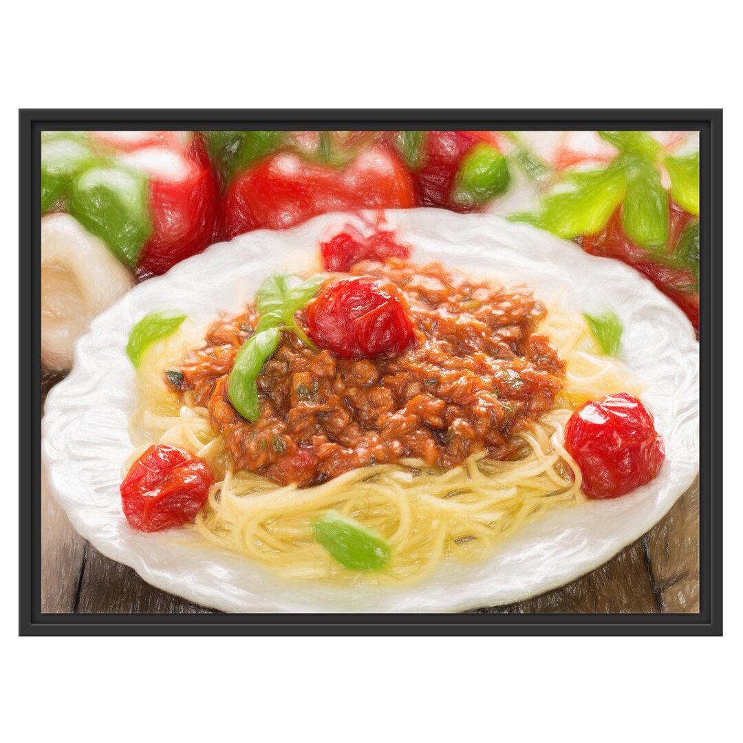 Gerahmtes Wandbild Spaghetti Bolognese auf dem Teller