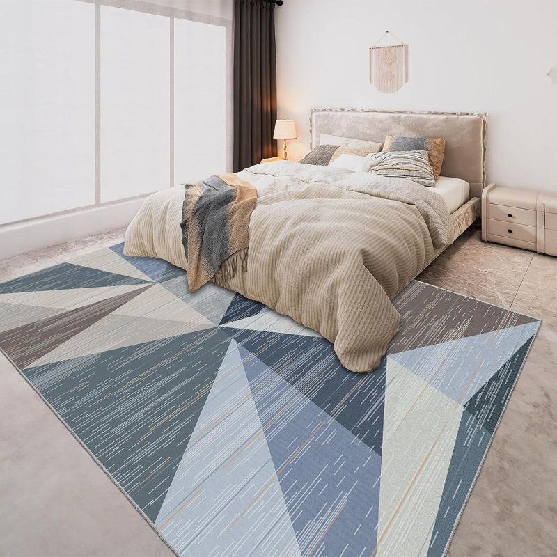 Blue and Gray Geometric 5' x 7' Washable Synthetic Area Rug