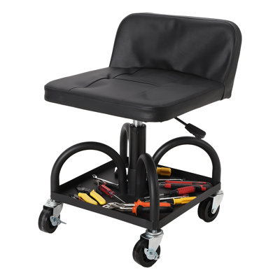 Tabouret roulant réglable en hauteur avec roues pivotantes verrouillables, siège de mécanicien d'une capacité de 300 lb avec coussin et plateau à outils