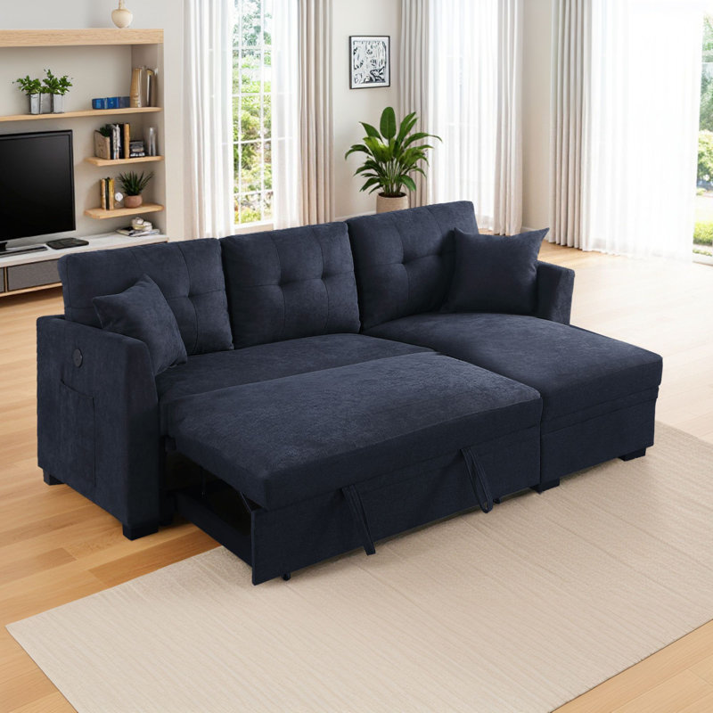 81'5" Convertible Sleeper Sectional Sofa With Pull-Out Bed with USB and Side Pockets, Blue Chenille