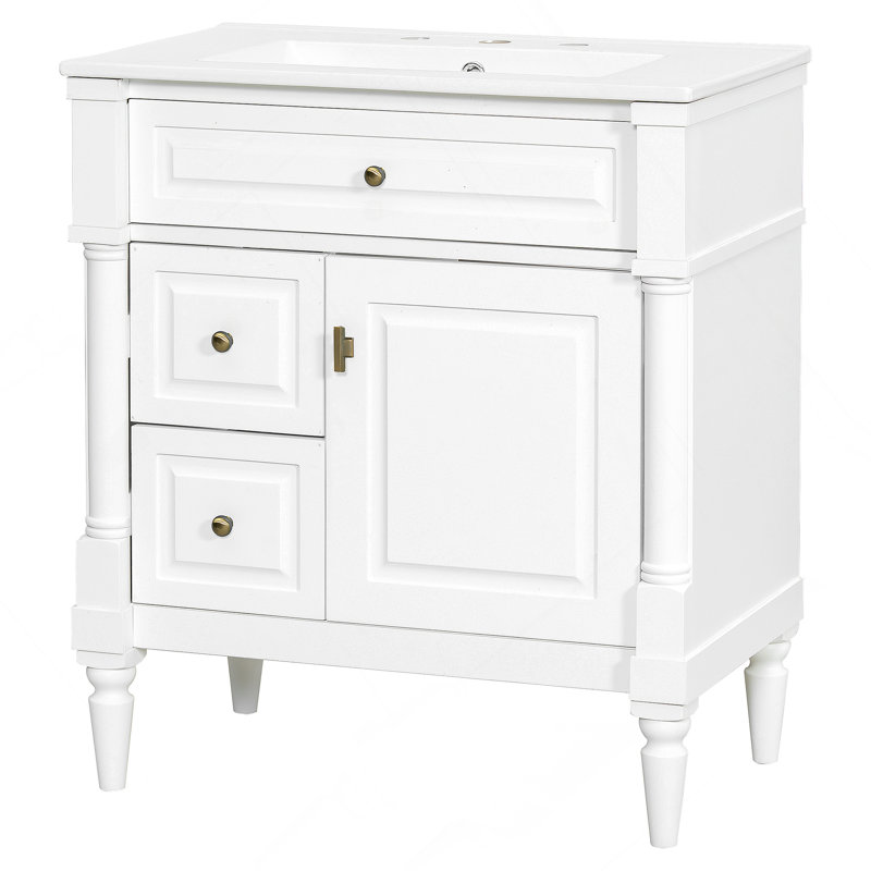 Bathroom Vanity With Sink, Freestanding Wooden Cabinet With Flip Drawer And Adjustable Shelf, White, 30"