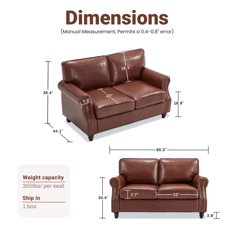 59" Upholstered Loveseat Faux Leather Sofa, Rust