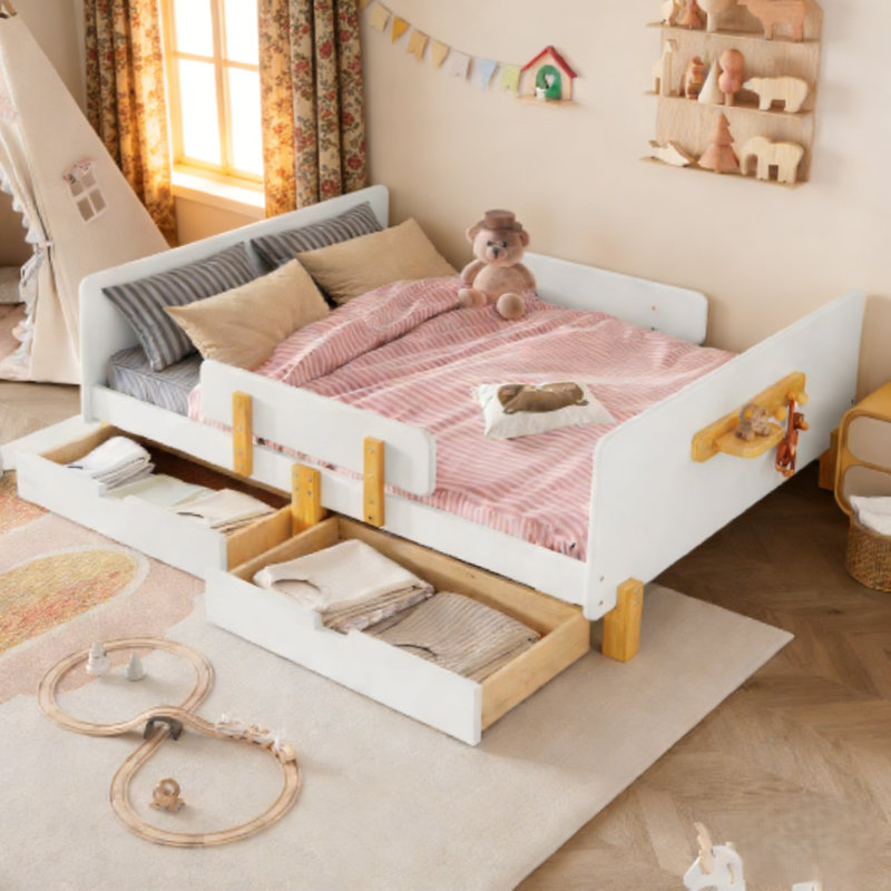 Bellemave Full Size Platform Bed With Storage Drawers, Solid Wood Platform Bed Frame With Guardrail, Shelf And Hooks, No Box Spring Needed ,white