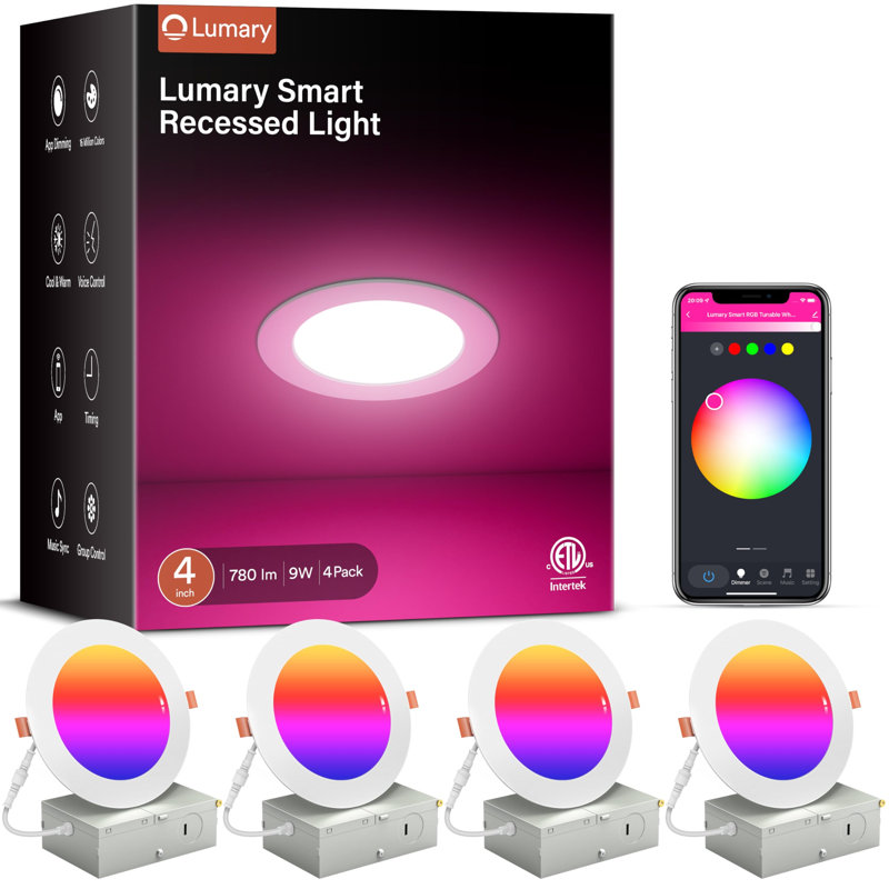 Éclairage encastré ultra-mince à DEL de 4 po Lumary, éclairage encastré à DEL à changement de couleur, lumières de soffite Wi-Fi Bluetooth avec J-Box, compatible avec Alexa / Google Assistant / télécommande BT, paquet de 4
