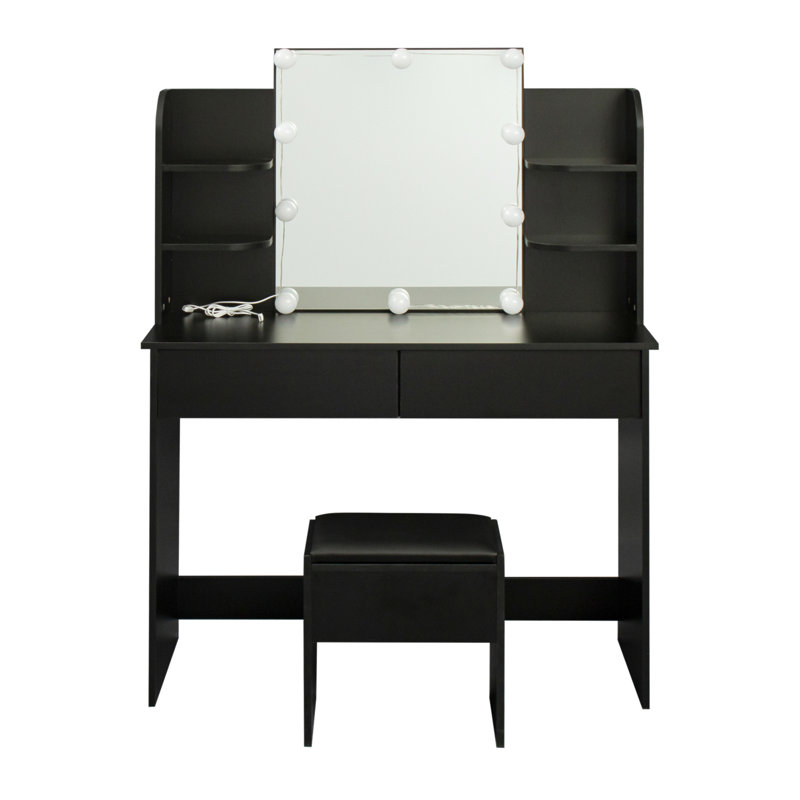 Coiffeuse moderne avec 2 tiroirs et 4 tablettes ouvertes avec miroir, Noir, noir, noir, noir