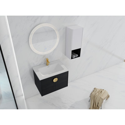 28" Modern Bathroom Sink Vanity With Ceramic Bowl & Side Cabinet - Plywood Contemporary Lavatory Unit Black Chestnut