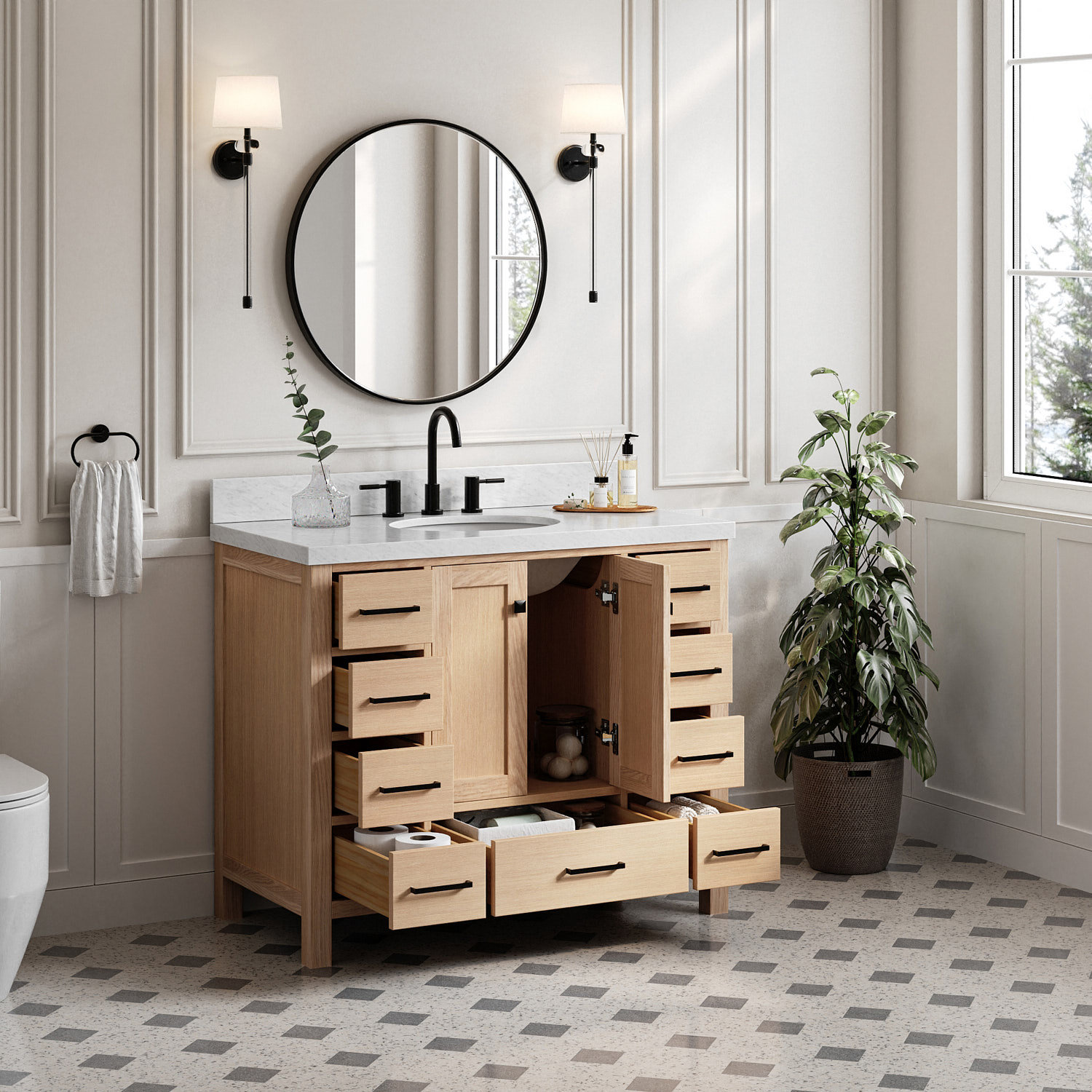 Cambridge 43'' Single Bathroom Vanity, Oak / Matte Black, Oval