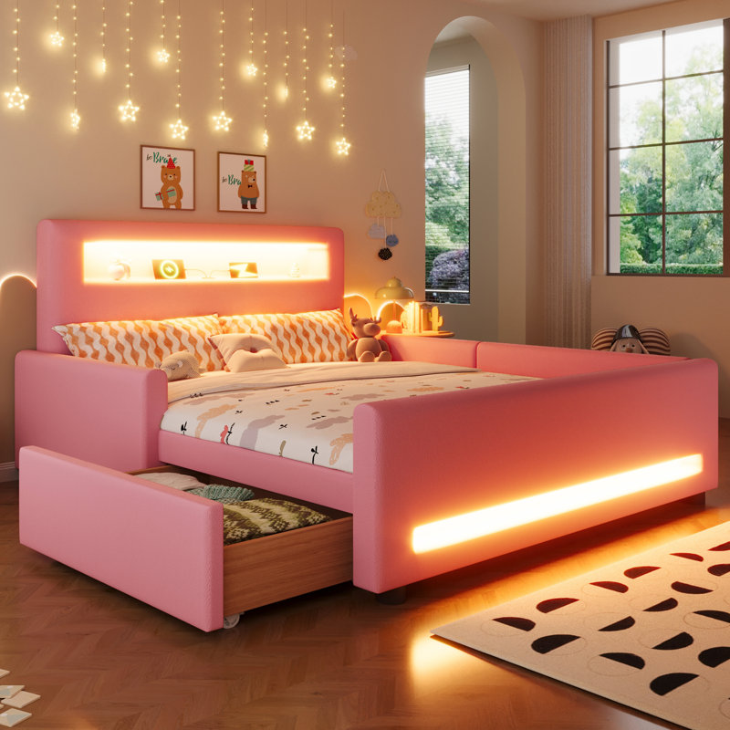 Lit plateforme tapissier rose avec tiroirs de rangement et station de charge USB, Full, Rose