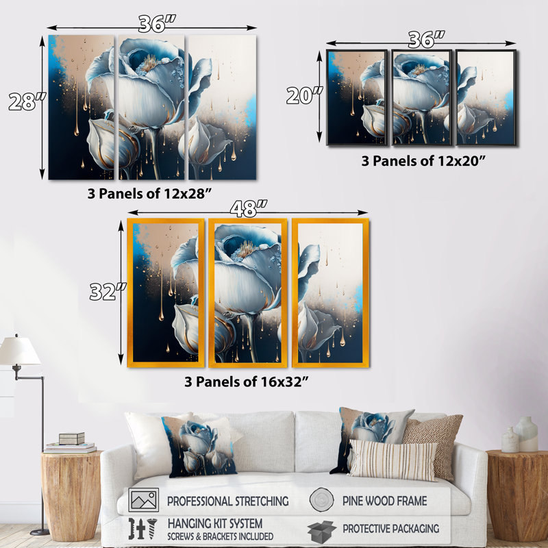 Ensemble de 3 impressions sur toile bleu clair et blanches Cally Lillies II, H 28 po x l 36 po x P 1 po, Cadre blanc