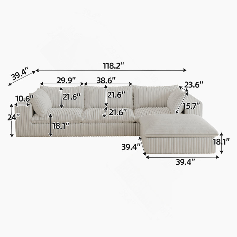 Boneless Cloud Sofa,Corduroy Fabric,Deep Seat Couches,Double-Layer Design,Removable Cushion, White