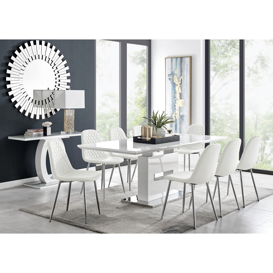 Areza High Gloss Extendable Dining Table Set with 8 Luxury Faux Leather Dining Chairs East Urban Home Chair 