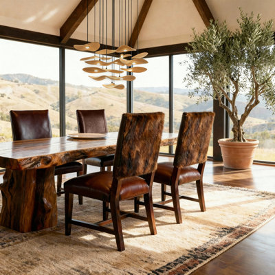 High Back Dining Chair With Brindle Cowhide Accent - Brown Leather Side Chair