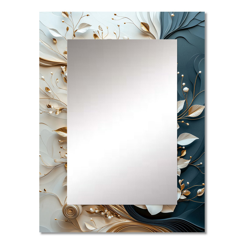 «White», encre liquide noire et pivoines II - miroir décoratif pivoines, miroir mural traditionnel, impression sur métal