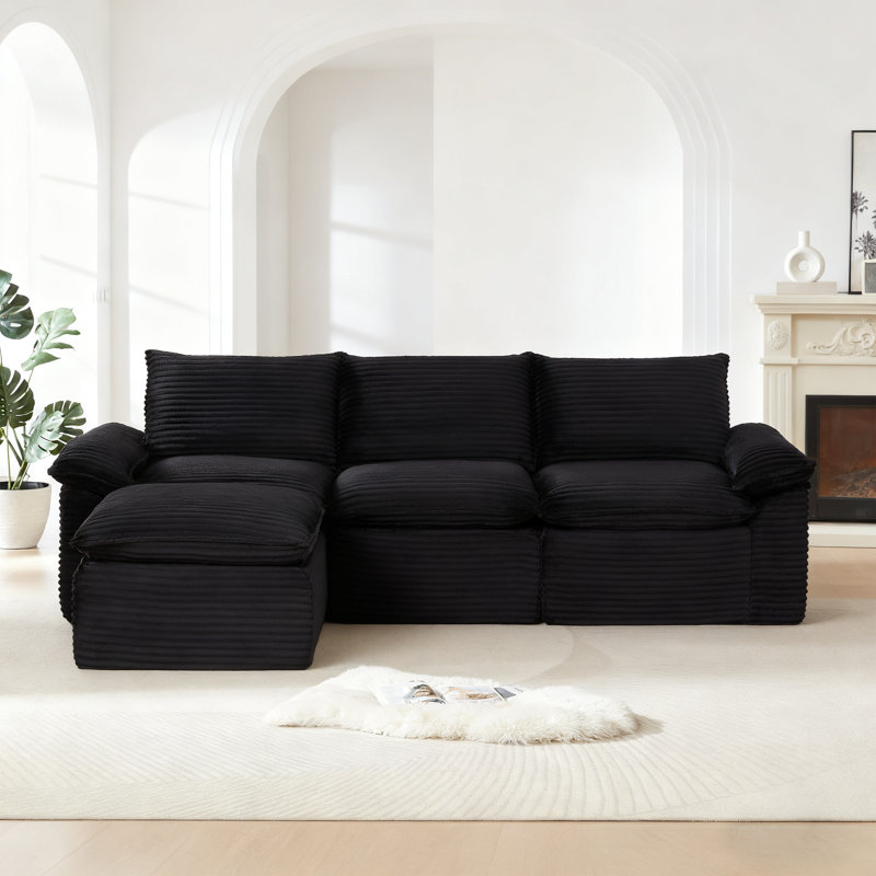 111" Wide L-Shaped Corduroy Modular Sectional Sofa With Ottoman, No Assembly Needed, Black