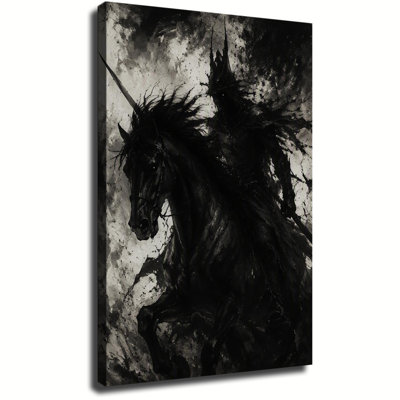 Chevalier noir à cheval licorne noire dans une brume orageuse, fantaisie gothique monochrome, art mural sur toile pour décoration dramatique