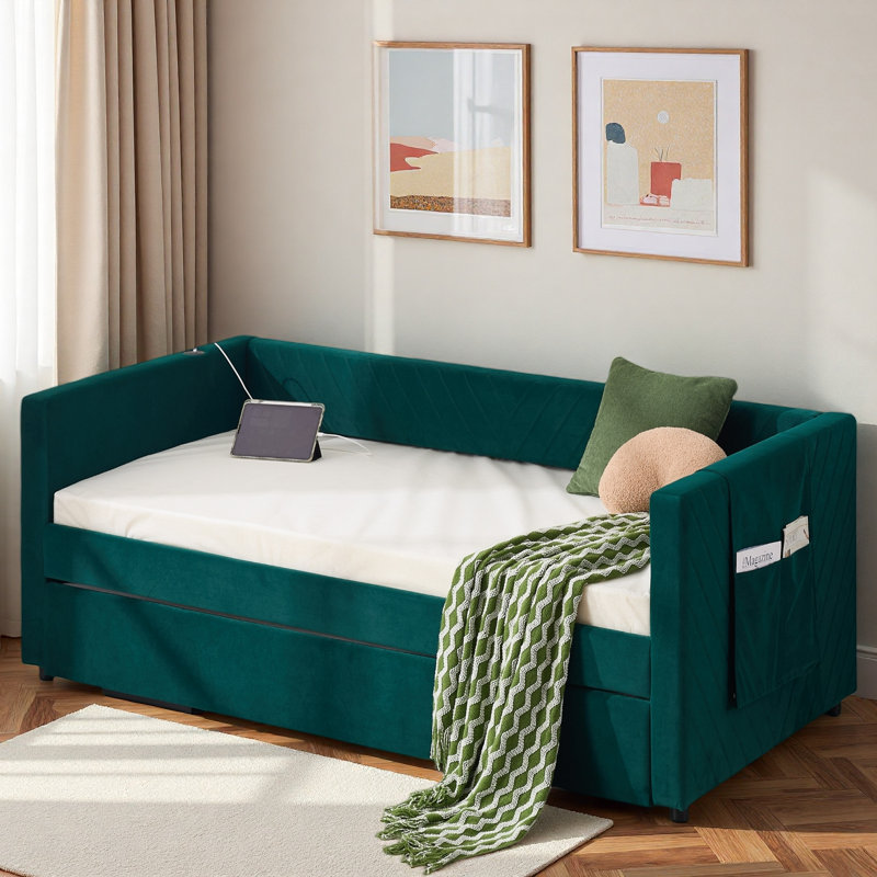 Upholstered Daybed With Trundle, Usb Port And Side Pockets, Emerald