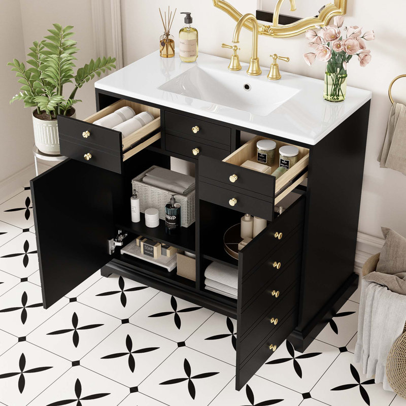 36'' Bathroom Vanity With Ceramic Sink Combo, Black