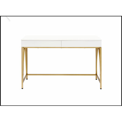 Modern White High-Gloss Writing Desk with Gold Legs and Spacious Drawers, Perfect for Stylish and Functional Workspaces.