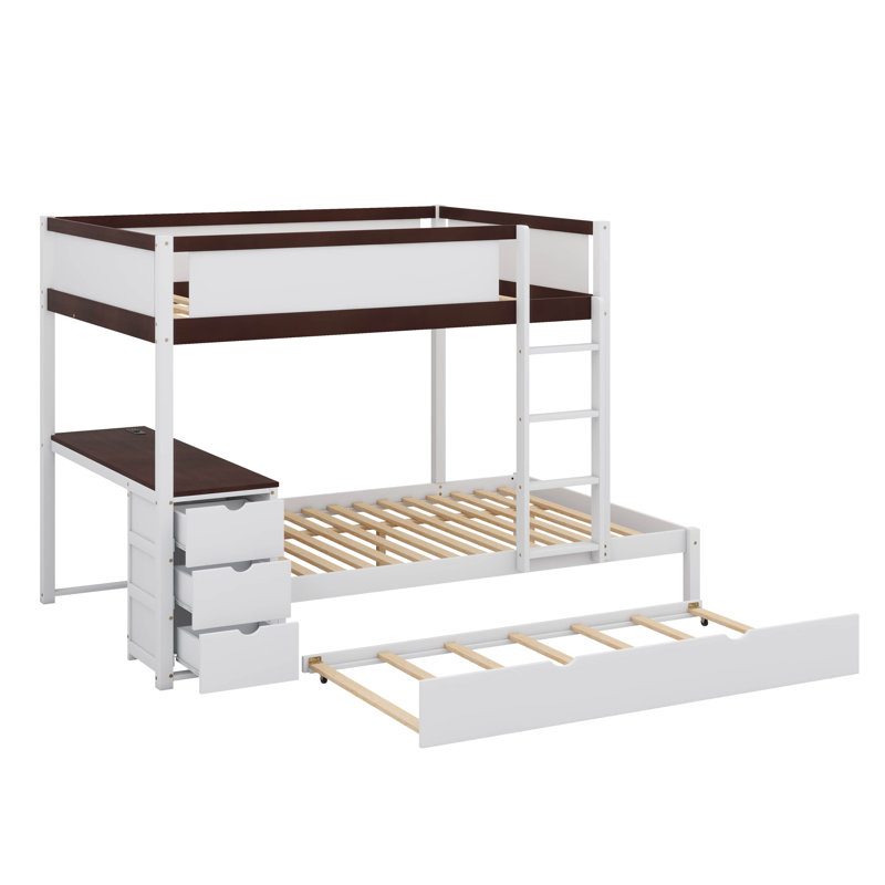 Lit superposé équipé d'un lit gigogne simple, de compartiments de rangement et d'un bureau, Lit superposé double sur double