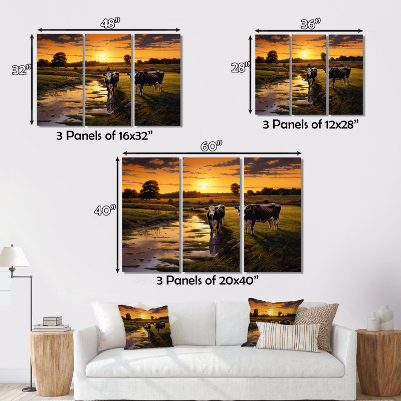 «Cows At Farm Landscape IV», reproduction sur toile 3 pièces, H 28 po x l 36 po x P 1 po