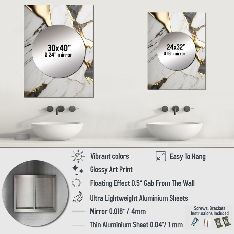 Millia Abstract Geode Marble White And Gold I - Marble Mirror, Modern Decorative Wall Mirror, Printed Metal Art, 32" x 24"