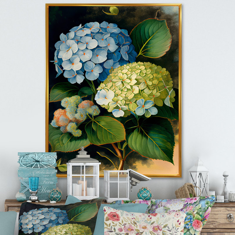 «Retro Hydrangena III», reproduction sur toile, H 20 po x l 12 po x P 1 po, Toile avec cadre flottant or