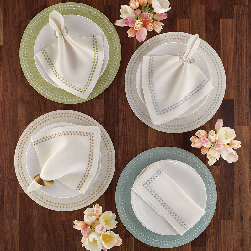 Pearls Vinyl Round Placemats, White/Celadon
