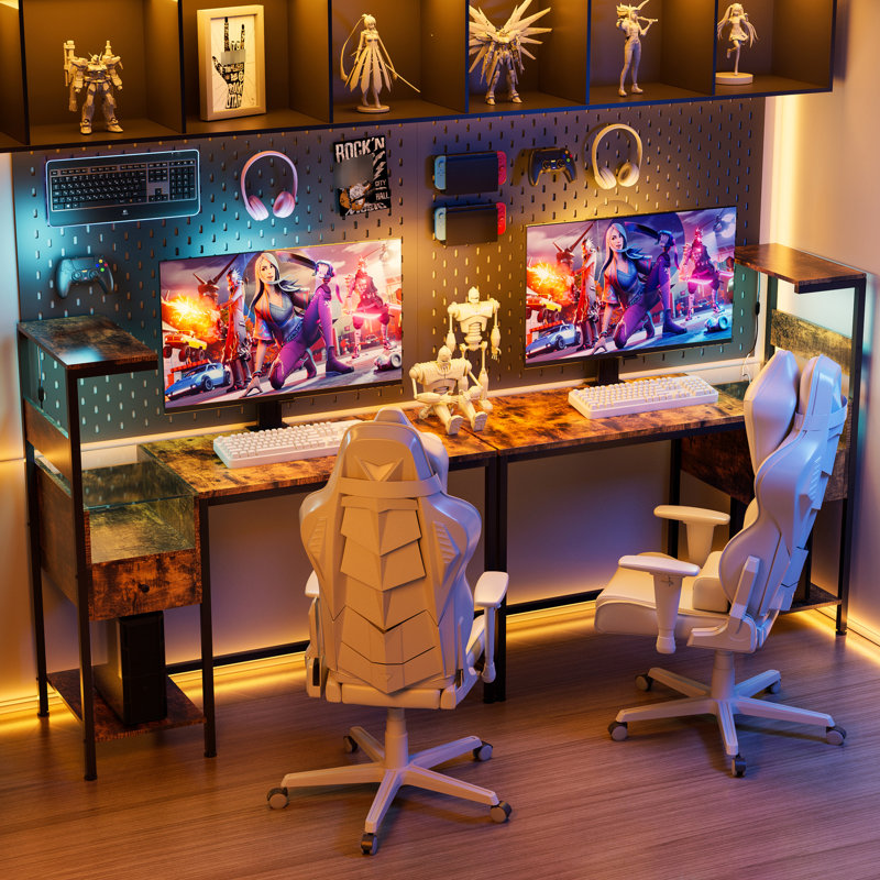Bureau d'ordinateur brun avec station de charge et tablette, alignement réversible, construction, lumières à DEL, ports, complément de crochet d'écouteur pour le travail de bureau, brun, rangement de prise de courant, tablettes,