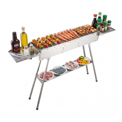 Barbecue pliable au charbon de bois, 250 po² (1600 cm²), portatif, avec plateau à charbon réglable et tablettes latérales, grille de cuisson en acier inoxydable brossé, idéal pour le camping et les repas en plein air.