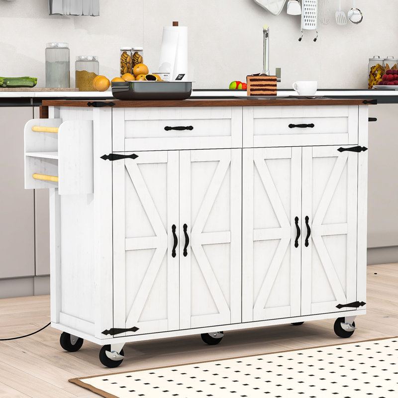 Helmut Rustic Kitchen Island with Built-In Charging Station and Adjustable Shelves, White