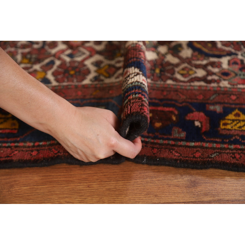 Tapis unique en laine noué à la main de style années 1940 de 3 pi 4 po x 5 pi rouge Schmalling / bleu / brun