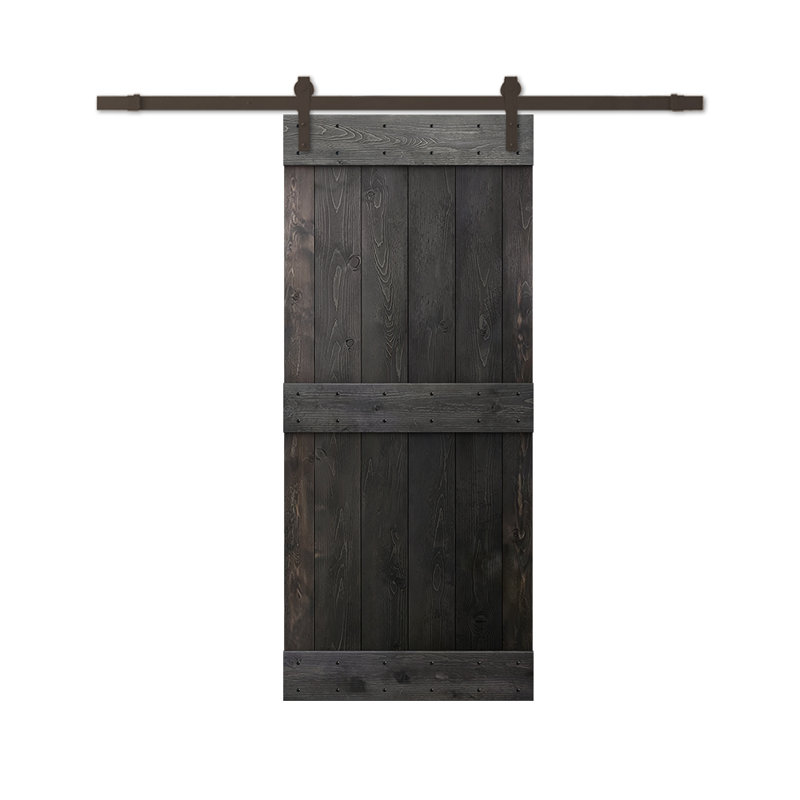 Porte de grange à panneaux et en bois avec quincaillerie d'installation, 24 po x 84 po, Noyer, Noir mat