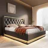 Modern Upholstered LED Platform Bed with 360° Surround Lighting | Button/App/Remote Control | Hydraulic Storage & USB-C Charging