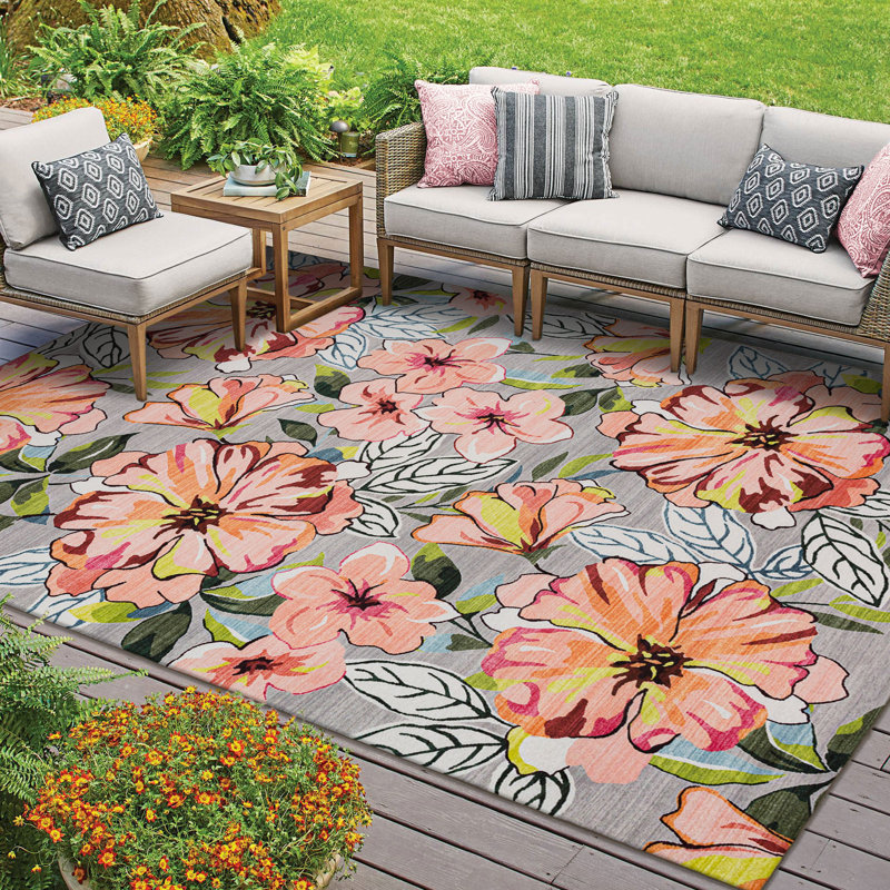  Floral Colorful Design Outdoor Rug Pink/Gray, Rectangle 5'x7'
