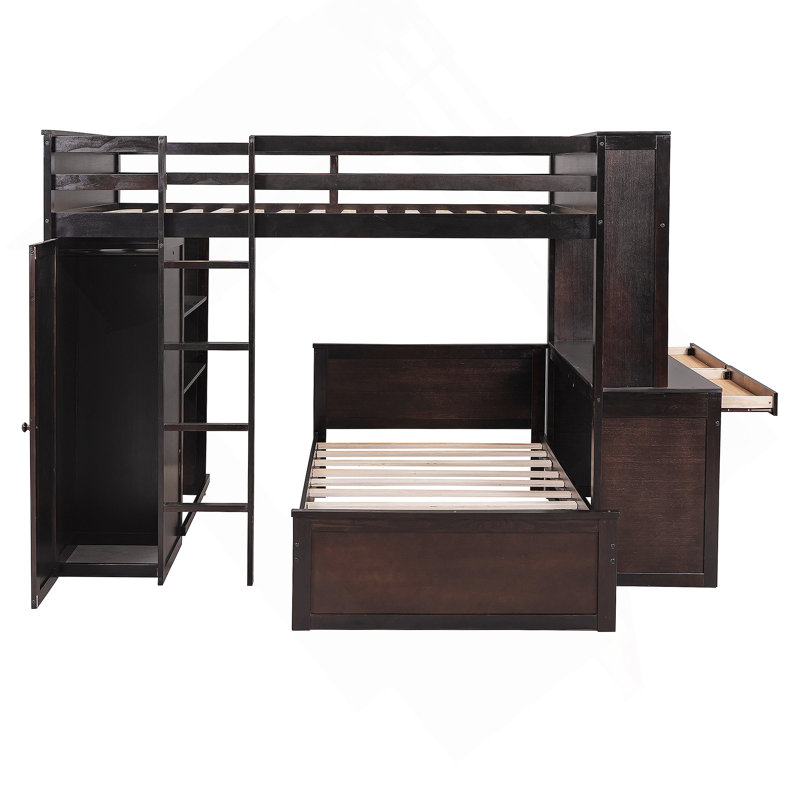 Lit mezzanine Kaylianne avec étagères, bureau et garde-robe