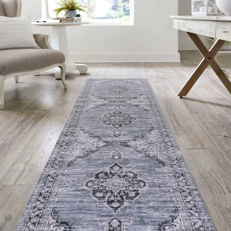 Haruyoshi Chenille Cottage Medallion Machine-Washable Navy/Gray/Black Rug, Runner 2' x 8'