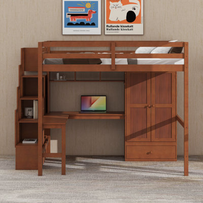 Lit mezzanine double avec bureau et escalier, lit mezzanine en bois avec station de charge, bibliothèque, armoire, portes et tiroirs