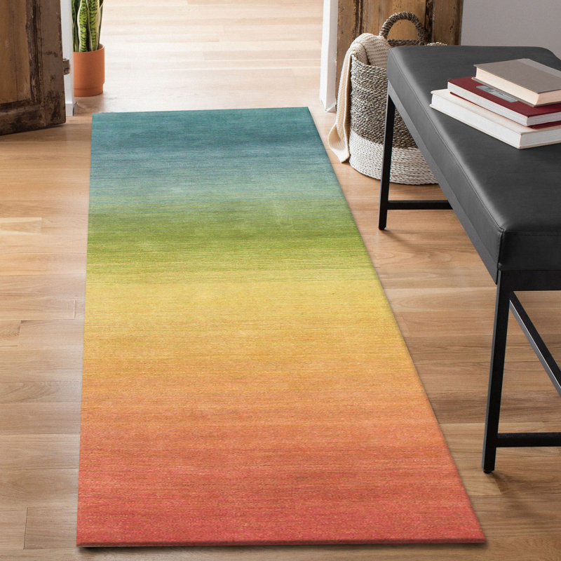 Tapis jaune / vert / bleu en laine tissé à plat à la main Wilfredo, Tapis de couloir 2 pi x 7 pi 6 po